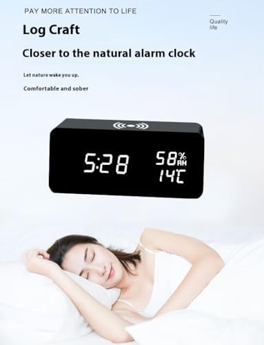 Wooden Digital Clock with Temperature Display and Dual Alarms