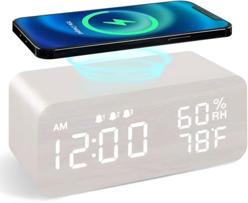 Wooden Digital Clock with Temperature Display and Dual Alarms