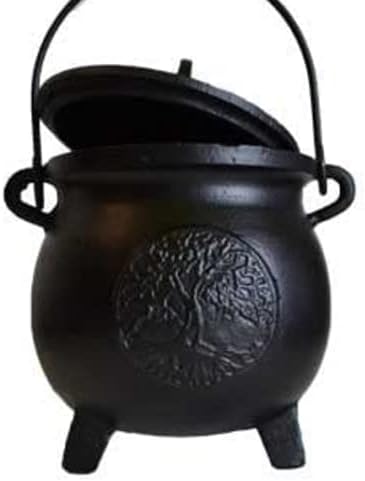 Tree of Life Cast Iron Potpourris Cauldron with Lid and Handle