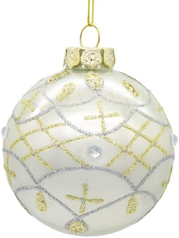 Kurt Adler 80MM Glass White Pearl Gold Accent Ball Ornaments