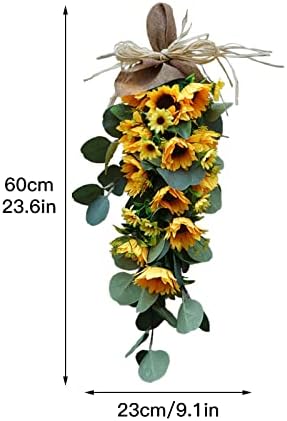 24in Artificial Sunflowers Teardrop Wreath with Burlap Bow