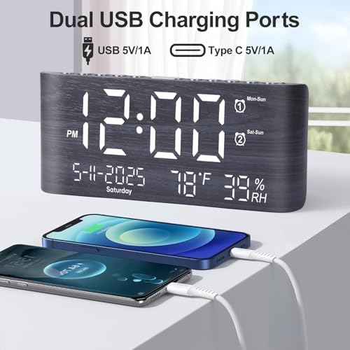 PPLEE 87 Inch Digital Alarm Clock with Temperature Humidity and USB Charging