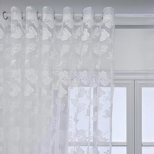 White Butterfly Embroidery Sheer Curtain Panel for Door Window Hanging