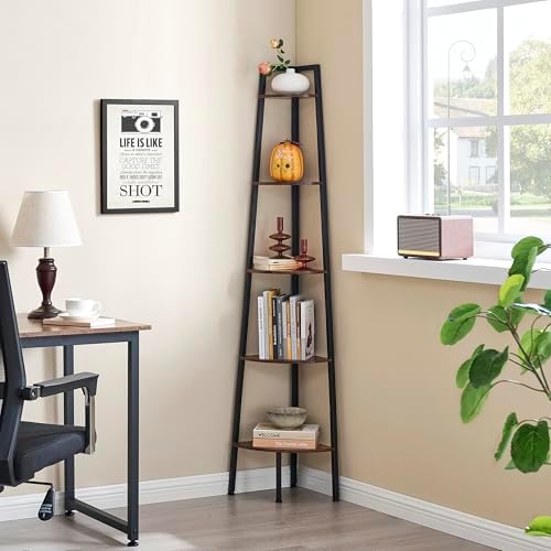 Hoctieon 5-Tier Corner Bookshelf with Rustic Brown Finish