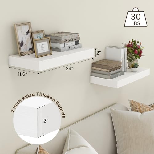 White Floating Shelves Set of 2 24x12 Deep Wood Shelves