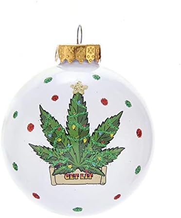 Kurt S Adler 80MM White Cannabis Design Glass Ball Ornament Christmas