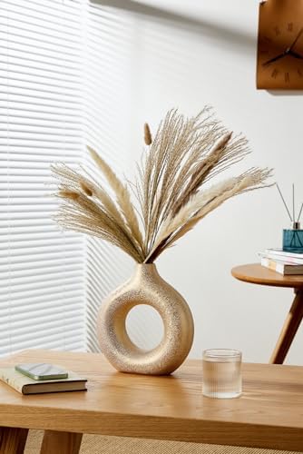Set of 2 Gold Donut Hollow Ceramic Vases Handmade Modern Minimalist