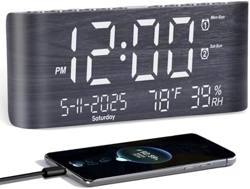 PPLEE 87 Inch Digital Alarm Clock with Temperature Humidity and USB Charging