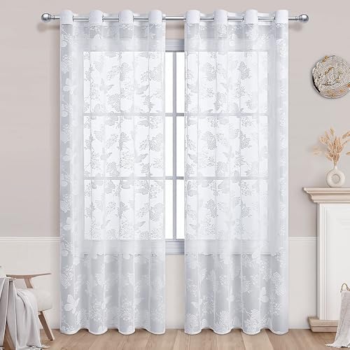 White Butterfly Embroidery Sheer Curtain Panel for Door Window Hanging