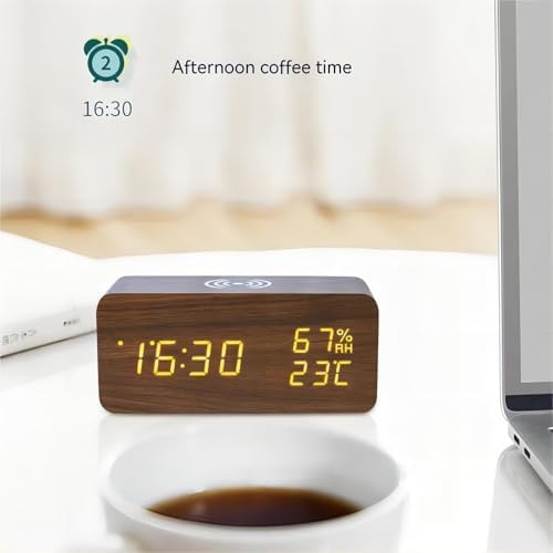 Wooden Digital Clock with Temperature Display and Dual Alarms