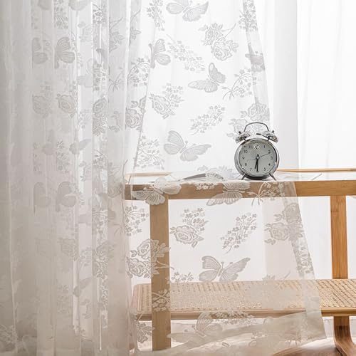 White Butterfly Embroidery Sheer Curtain Panel for Door Window Hanging