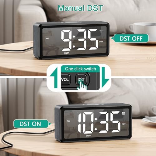 ORIA Wooden Digital Alarm Clock with LED Mirror and Dual Alarms