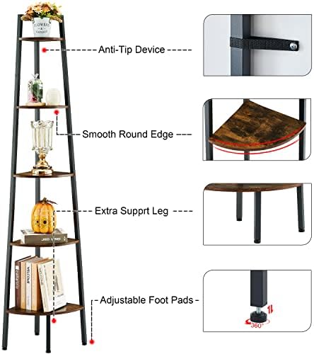 Hoctieon 5-Tier Corner Bookshelf with Rustic Brown Finish
