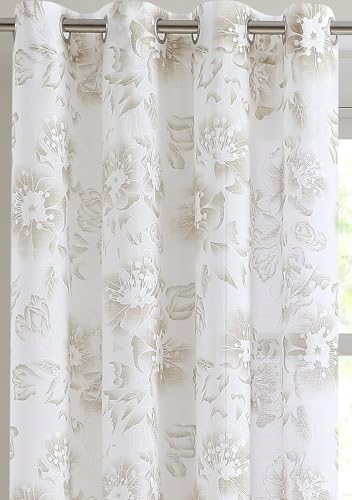 LinenZone White Curtains with Gold Flower Print and Embroidery