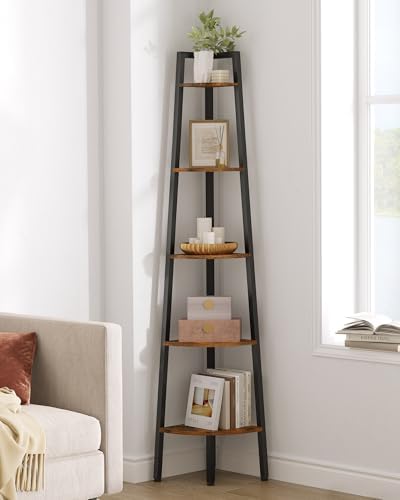 Hoctieon 5-Tier Corner Bookshelf with Rustic Brown Finish