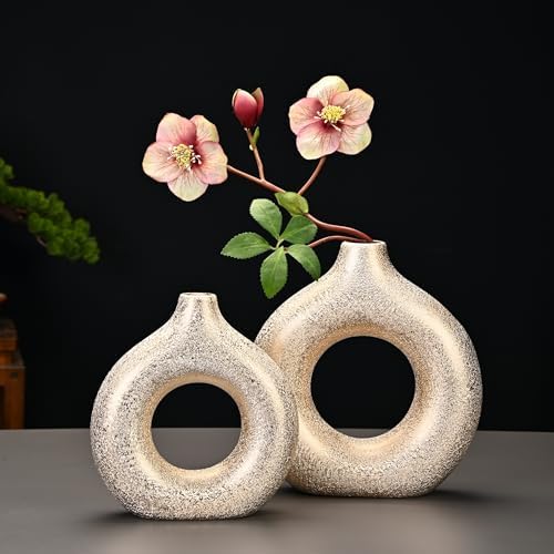 Set of 2 Gold Donut Hollow Ceramic Vases Handmade Modern Minimalist