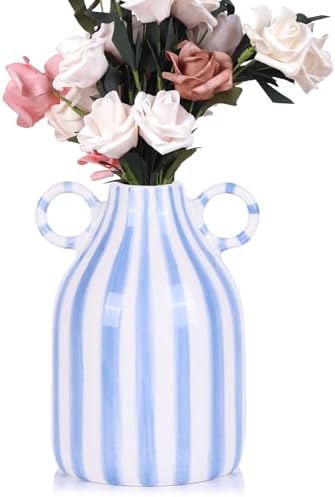 Ceramic Blue and White Striped Vase with Handle