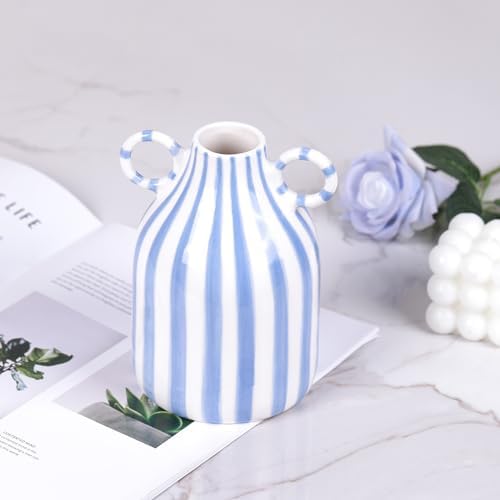 Ceramic Blue and White Striped Vase with Handle