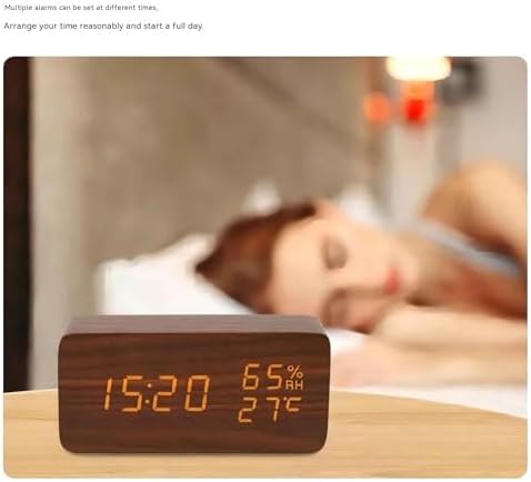 Wooden Digital Clock with Temperature Display and Dual Alarms