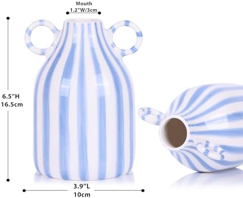 Ceramic Blue and White Striped Vase with Handle