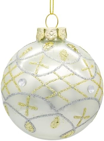 Kurt Adler 80MM Glass White Pearl Gold Accent Ball Ornaments