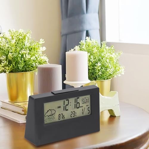 Tactile Snooze Alarm Clock with Weather Temperature Display Black Night Light