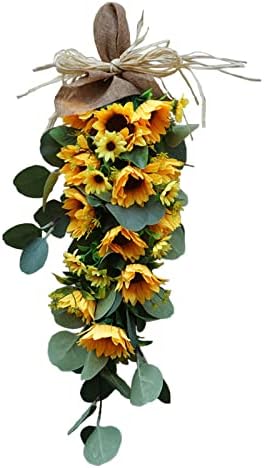 24in Artificial Sunflowers Teardrop Wreath with Burlap Bow