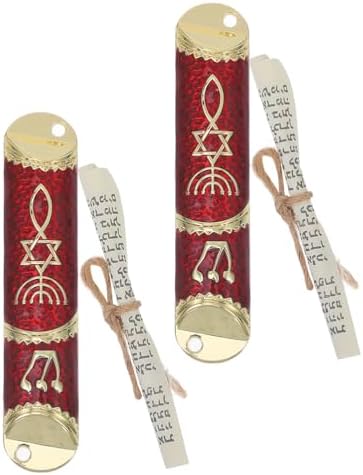 LOGOFUN 2 Piece Mezuzah Set with Scroll and Metal Case - Gold Red