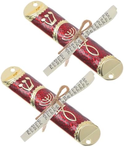 LOGOFUN 2 Piece Mezuzah Set with Scroll and Metal Case - Gold Red