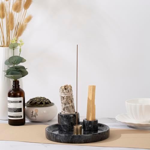 4 in 1 Natural Marble Incense Holder with 9 Holes - Black