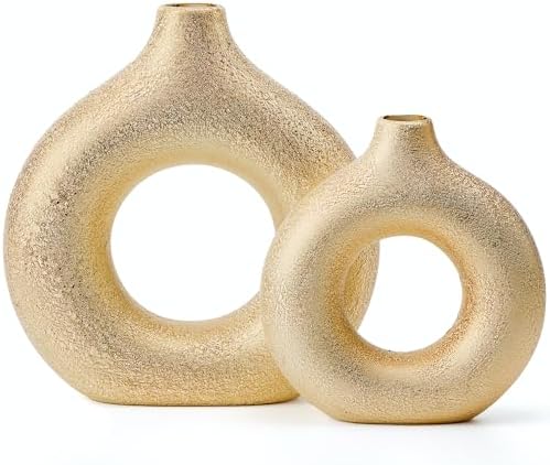 Set of 2 Gold Donut Hollow Ceramic Vases Handmade Modern Minimalist
