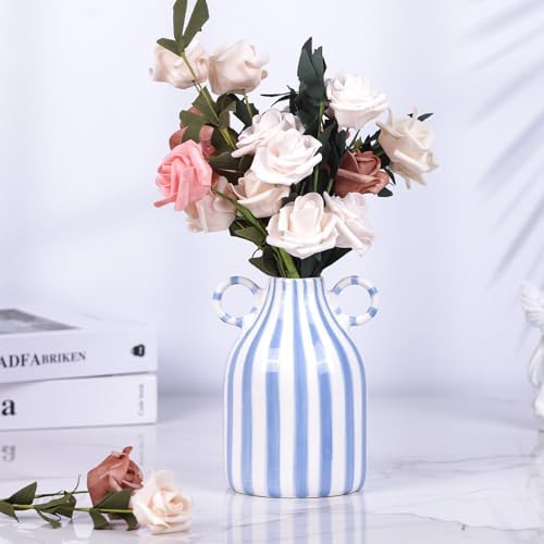 Ceramic Blue and White Striped Vase with Handle