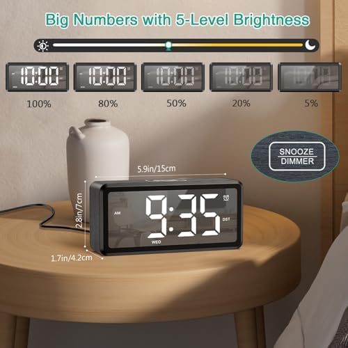 ORIA Wooden Digital Alarm Clock with LED Mirror and Dual Alarms