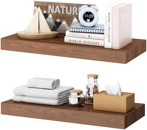 Wide Solid Wooden Floating Shelves 2 Pack Walnut 16 Inch