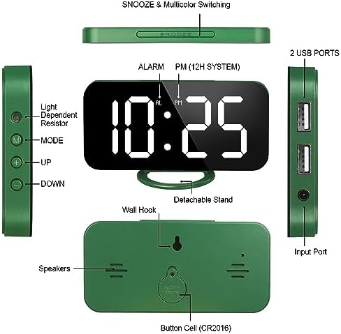 WulaWindy Digital Alarm Clock with USB Charger and Large Mirror