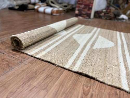 White Striped Jute Runner Rug - Custom Size Diamond Pattern