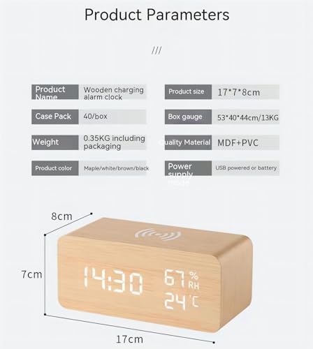 Wooden Digital Clock with Temperature Display and Dual Alarms