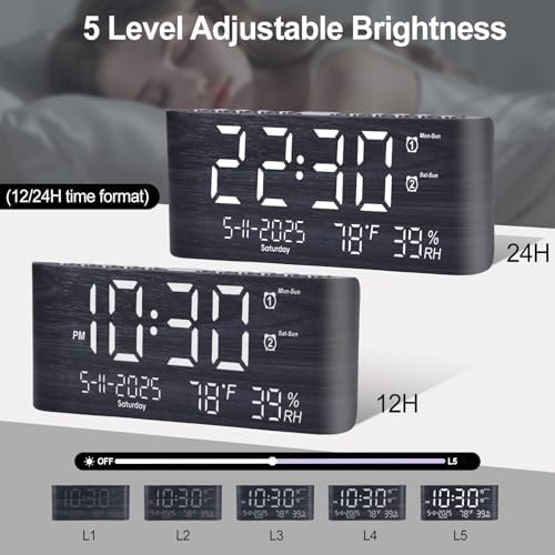 PPLEE 87 Inch Digital Alarm Clock with Temperature Humidity and USB Charging