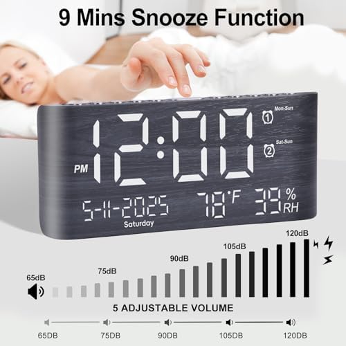 PPLEE 87 Inch Digital Alarm Clock with Temperature Humidity and USB Charging