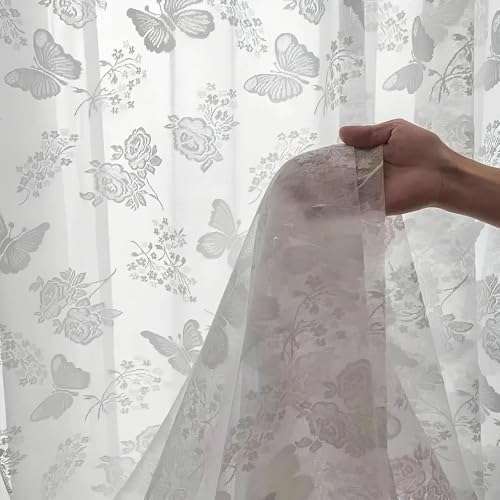 White Butterfly Embroidery Sheer Curtain Panel for Door Window Hanging