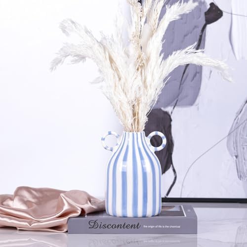 Ceramic Blue and White Striped Vase with Handle
