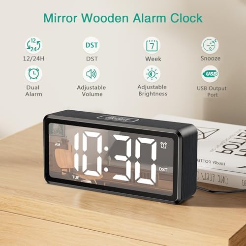 ORIA Wooden Digital Alarm Clock with LED Mirror and Dual Alarms