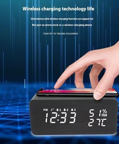 Wooden Digital Clock with Temperature Display and Dual Alarms