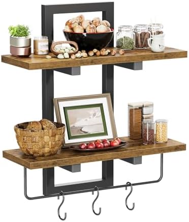 2 Tier Floating Shelves for Wall with Hooks