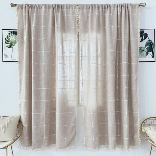 Amidoudou Boho Cotton Linen Curtains 2 Panels 96 Inches Long Tan