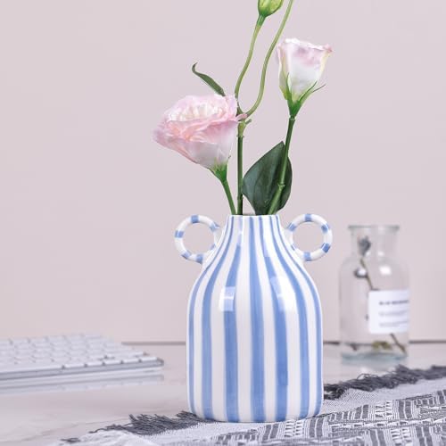 Ceramic Blue and White Striped Vase with Handle