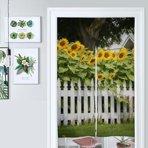 Sunflowers White Picket Fence Door Curtain 57x17 Inches