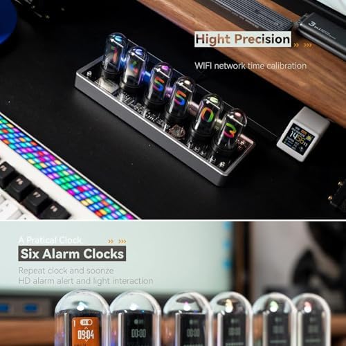 Retro Nixie Tube Clock with RGB Display and Aluminum Base