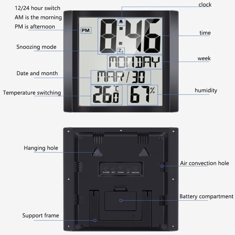 886 Inch Digital Wall Clock with Temperature and Humidity Display