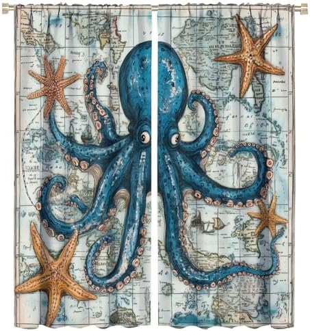 Blue Octopus Animal Blackout Curtains 2 Panels
